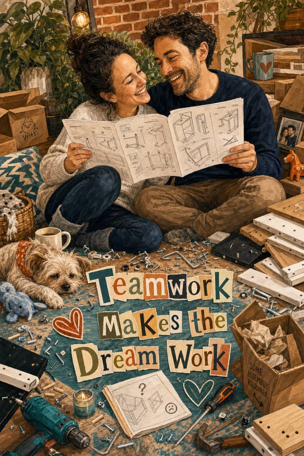 Illustrated card of the same couple assembling furniture, surrounded by tools and their dog, with a heartwarming caption: Teamwork Makes the Dream Work.