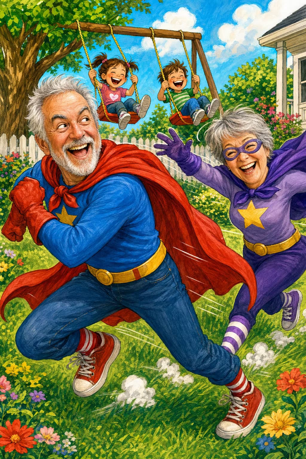 Illustrated card of the same couple as superheroes, joyfully running through a garden with children on a swing set, wearing colorful capes.
