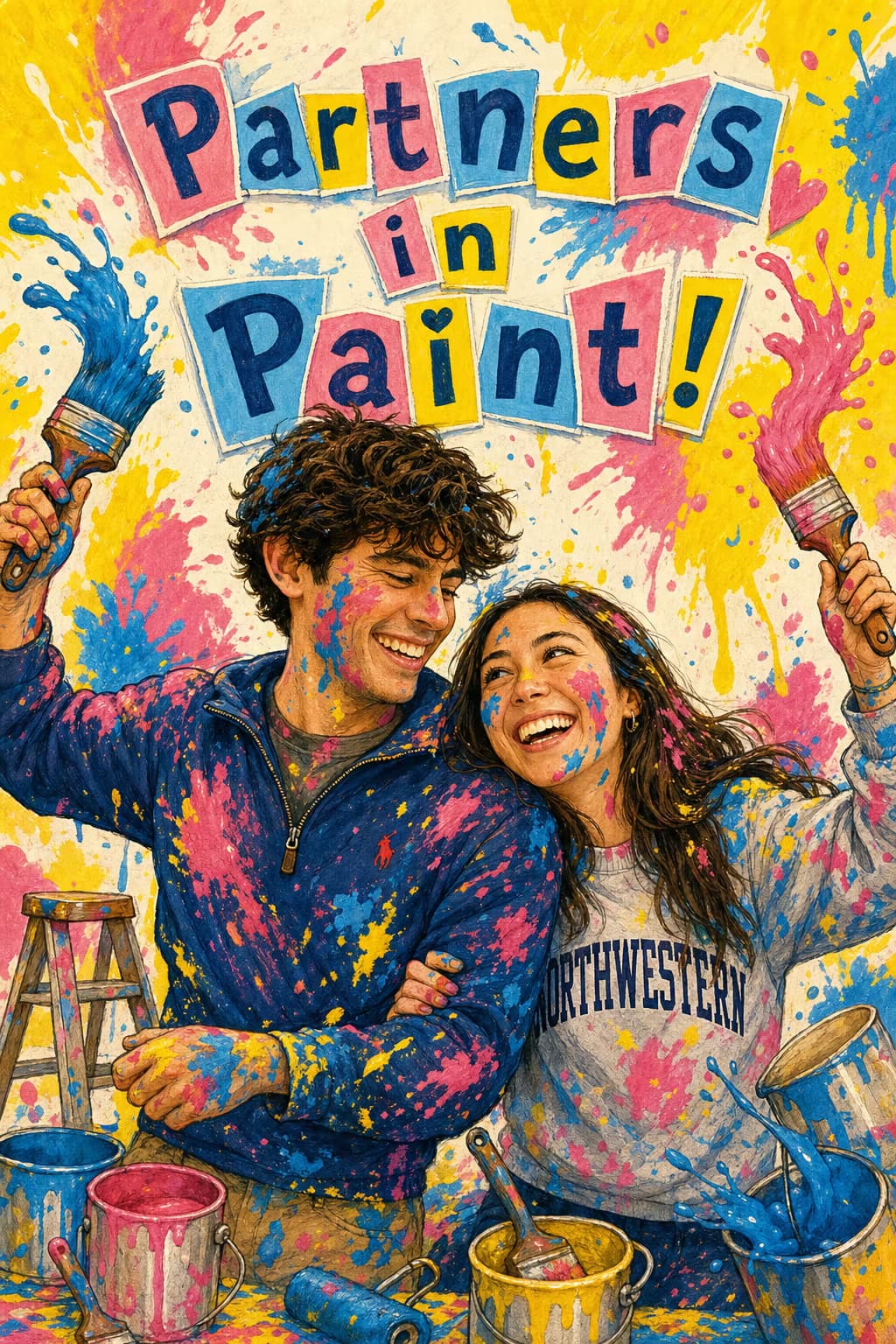 Illustrated card of the same couple smiling with paint splatters on their clothes, holding brushes in a colorful chaos of paint cans and splatters. Caption: Partners in Paint!