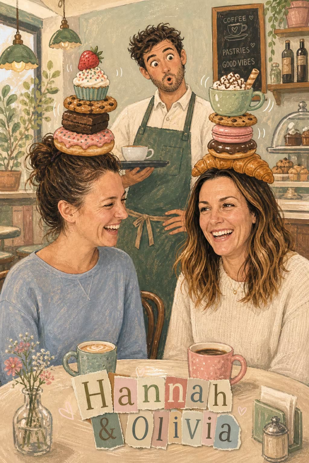 Illustrated card of the same couple in a whimsical café, balancing a tower of pastries on their heads, watched by a surprised barista. Caption: Hannah & Olivia.