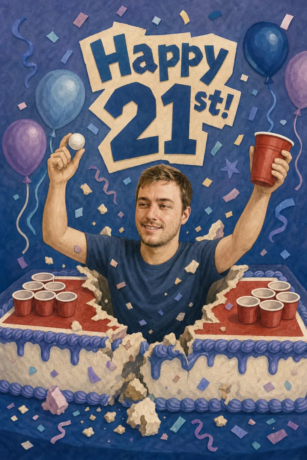 Illustrated card of the same young man bursting out of a beer-pong birthday cake, holding a ping-pong ball and a red cup, with balloons and confetti. Caption: Happy 21st!
