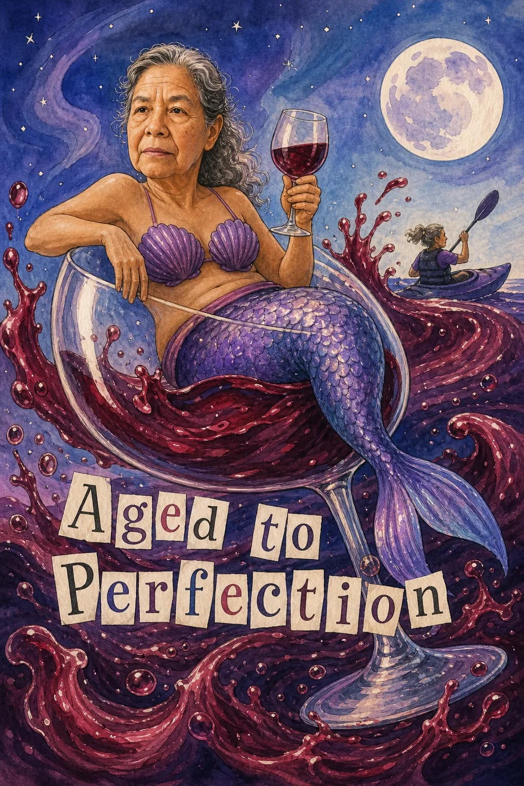 Watercolor card of the same woman reimagined as a mermaid lounging in a giant wine glass under a full moon, raising a glass of red wine. Caption: Aged to Perfection.