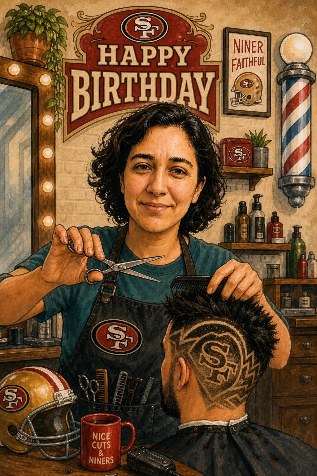 Illustrated card of the same woman as a barber in a San Francisco 49ers-themed barbershop, cutting an SF logo into a client's hair. Caption: Happy Birthday.