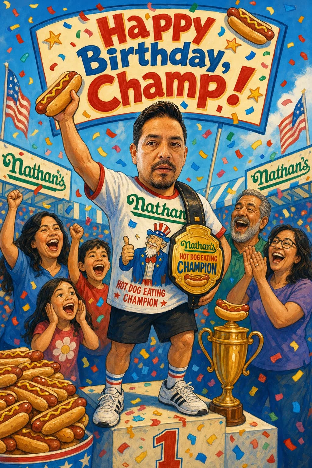 Illustrated card of the same man as a Nathan's hot dog eating champion on a winners' podium with a champion belt and trophy, family cheering. Caption: Happy Birthday, Champ!