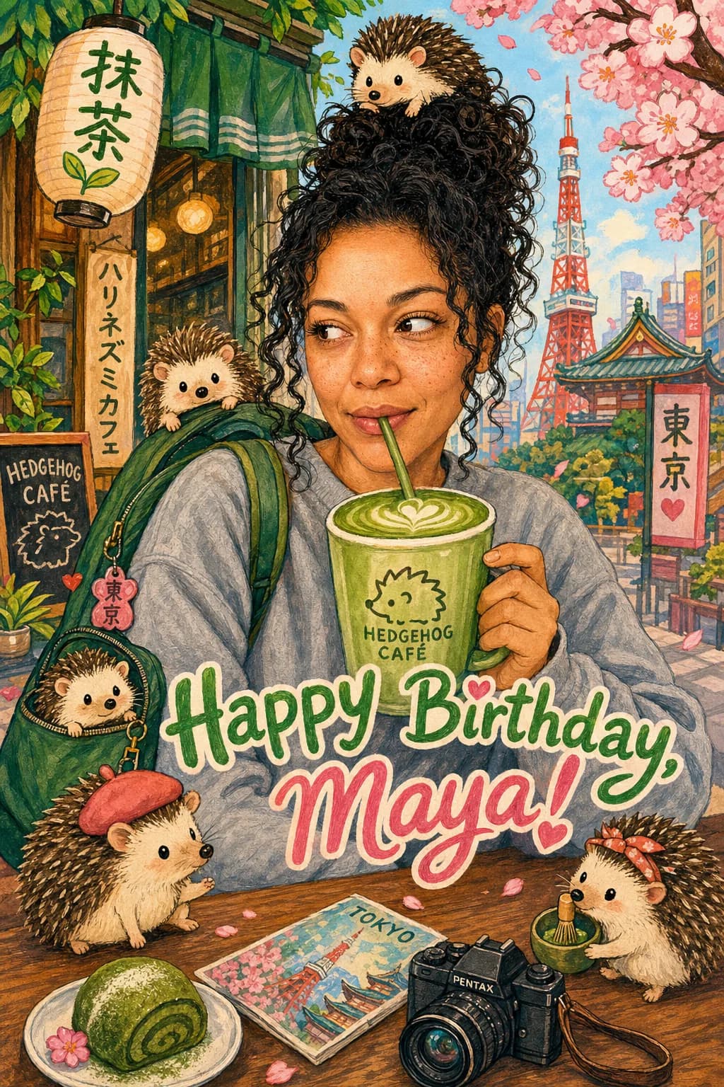 Illustrated card of the same woman at a Tokyo hedgehog cafe sipping a matcha latte, surrounded by hedgehogs with cherry blossoms and Tokyo Tower behind. Caption: Happy Birthday, Maya!