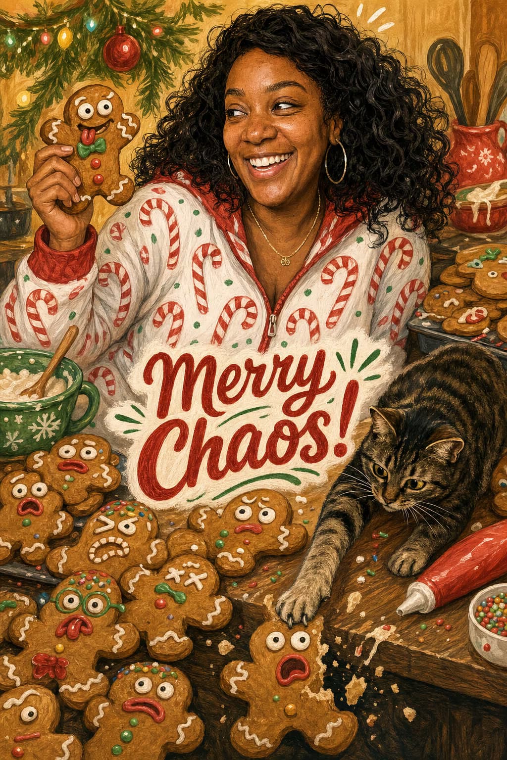 Illustrated card of the same woman joyfully holding a gingerbread man in a festive kitchen overrun with gingerbread cookies and a mischievous cat, Christmas tree in the background. Caption: Merry Chaos!