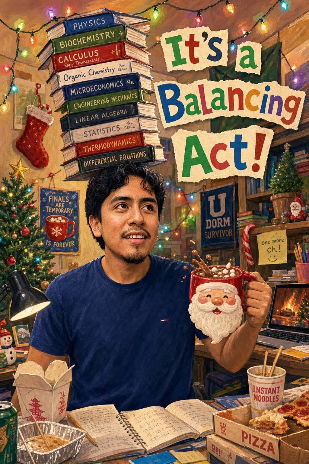 Illustrated card of the same man glancing up at a teetering stack of textbooks, Santa mug in hand, at a desk of finals-season clutter strung with Christmas lights. Caption: It's a Balancing Act!