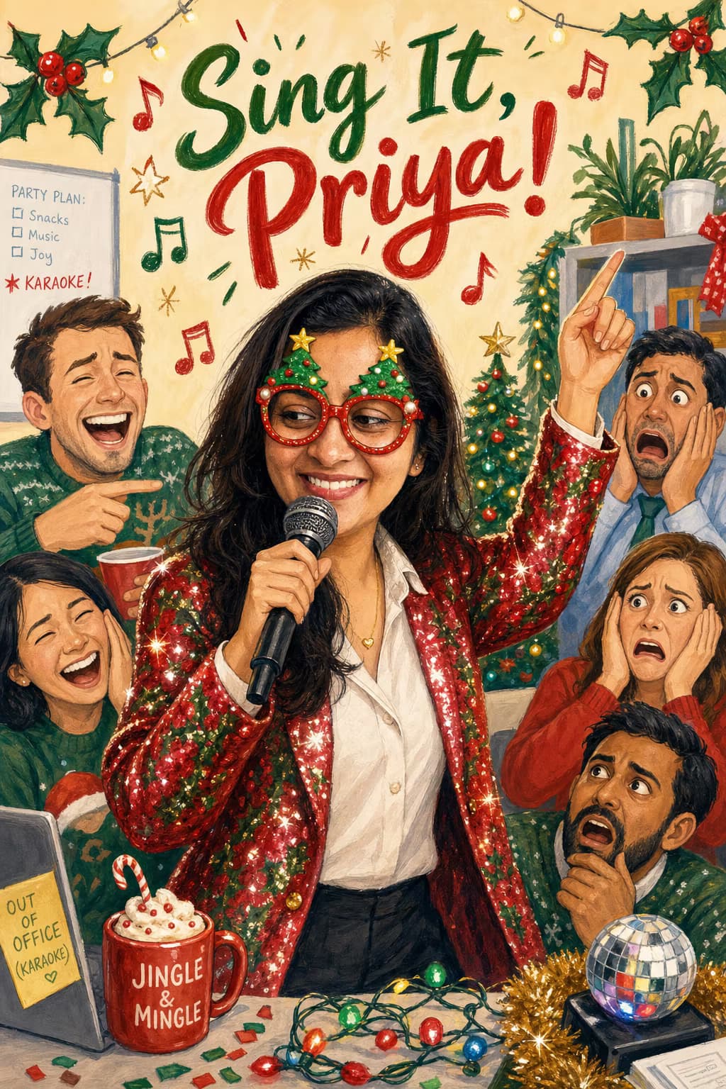 Illustrated card of the same woman in sparkling Christmas attire singing karaoke at a festive office party while coworkers react in comic horror — and a couple crack up. Caption: Sing It, Priya!