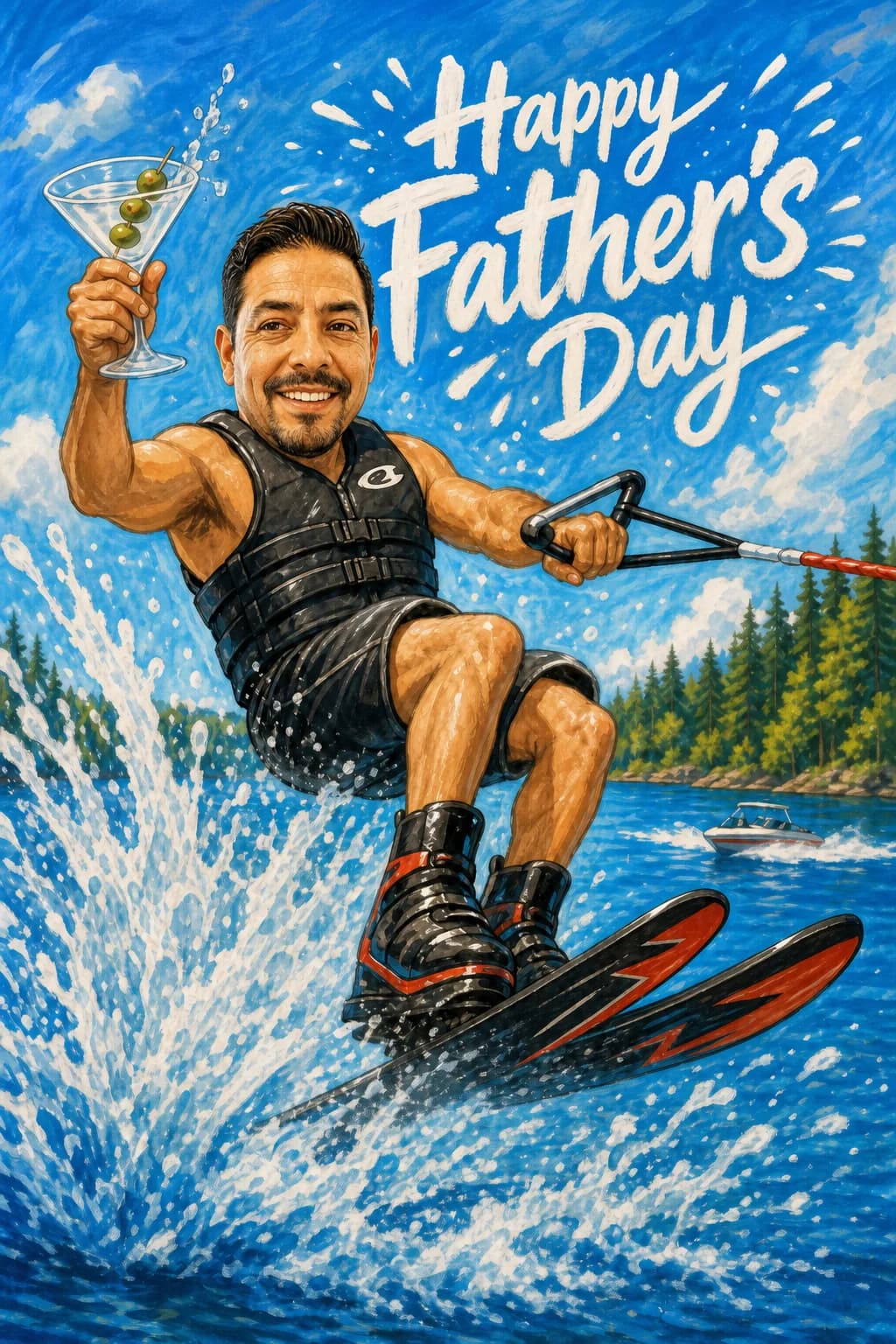 Comic-style card of the same man waterskiing across a blue lake, lifting a martini glass, with forested shore and a boat behind. Caption: Happy Father's Day!