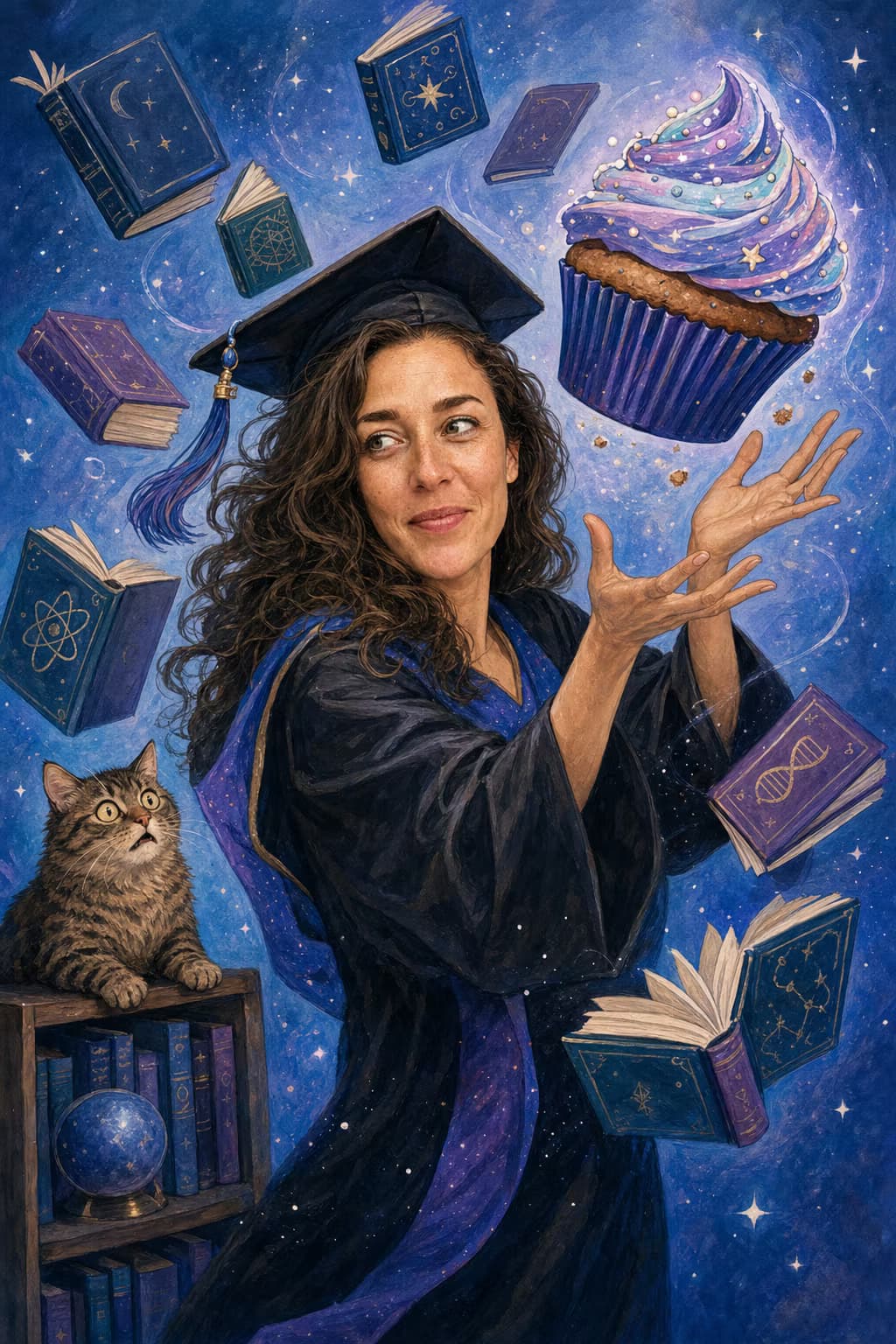 Illustrated card of the same woman wearing a graduation cap and gown, conjuring a giant cupcake surrounded by floating books in a whimsical, starry scene. A cat watches in amazement. Caption: Maya, You Did It!