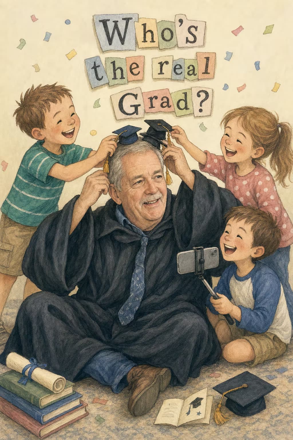 Illustrated card of the same older man wearing a graduation gown and cap, surrounded by smiling children placing additional caps on him, with a backdrop of confetti and books. Caption: Who's the real Grad?