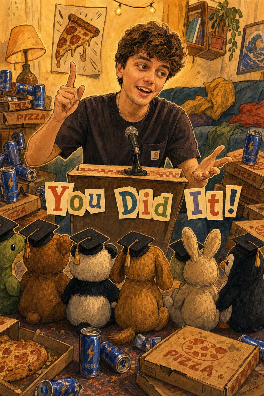 Illustrated card of the same young man at a podium with stuffed animals wearing graduation caps as his audience, surrounded by pizza boxes and energy drinks, with string lights in the background. Caption: You Did It!