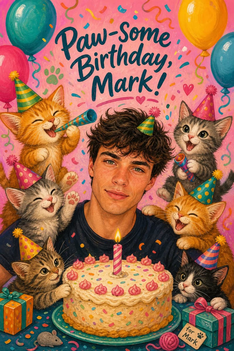 Illustrated card of a young man behind a birthday cake with one lit candle, surrounded by seven kittens in party hats blowing horns, balloons, and confetti. Caption: Paw-some Birthday, Mark!