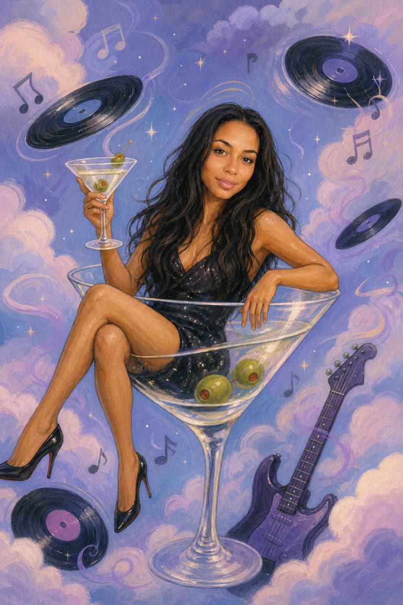 Illustrated card of a woman in a sparkling black dress lounging inside an oversized martini glass, with floating vinyl records, music notes, and an electric guitar against a purple cloud sky.