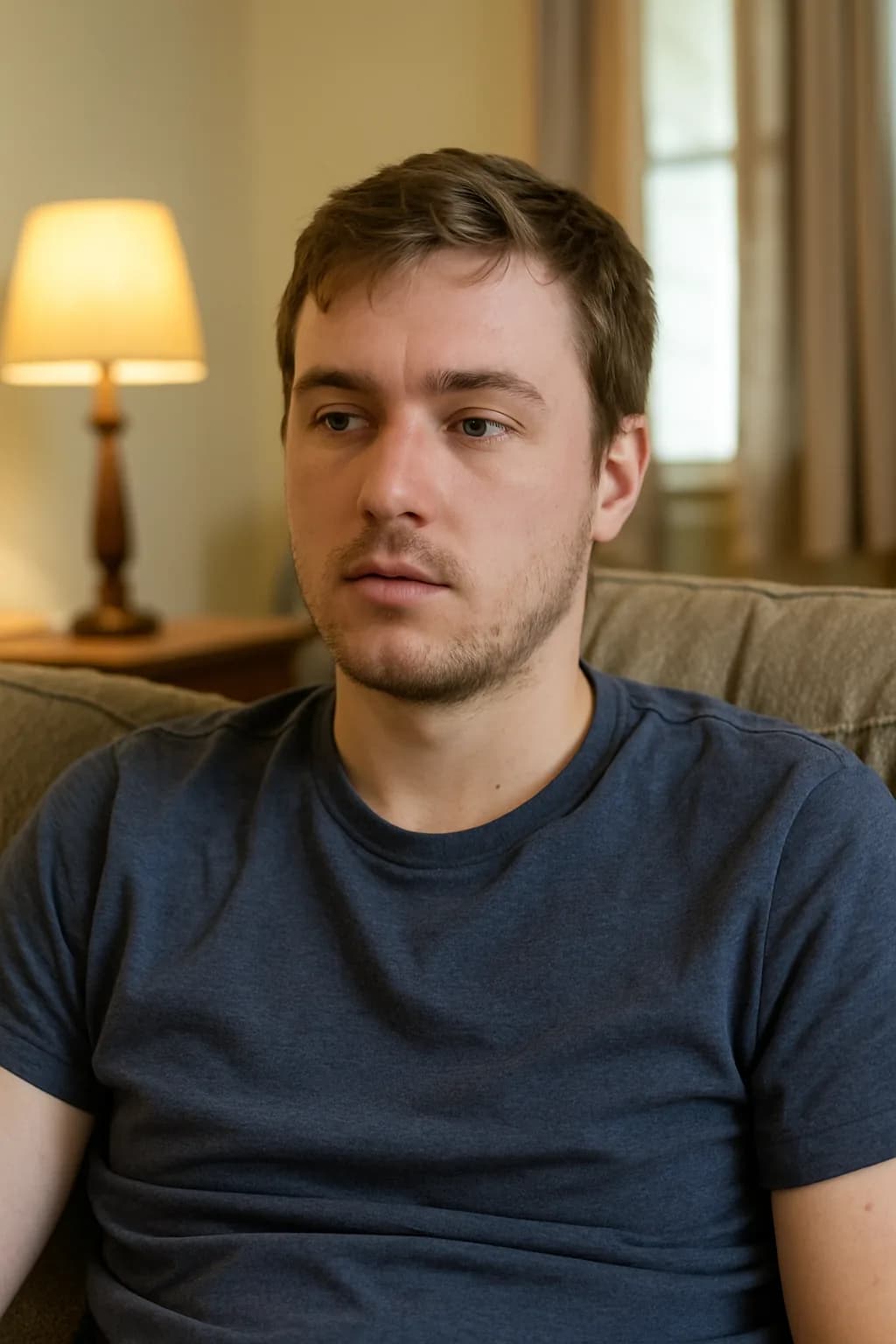 Photo of a young man in a blue t-shirt on a couch — the photo a customer uploaded.