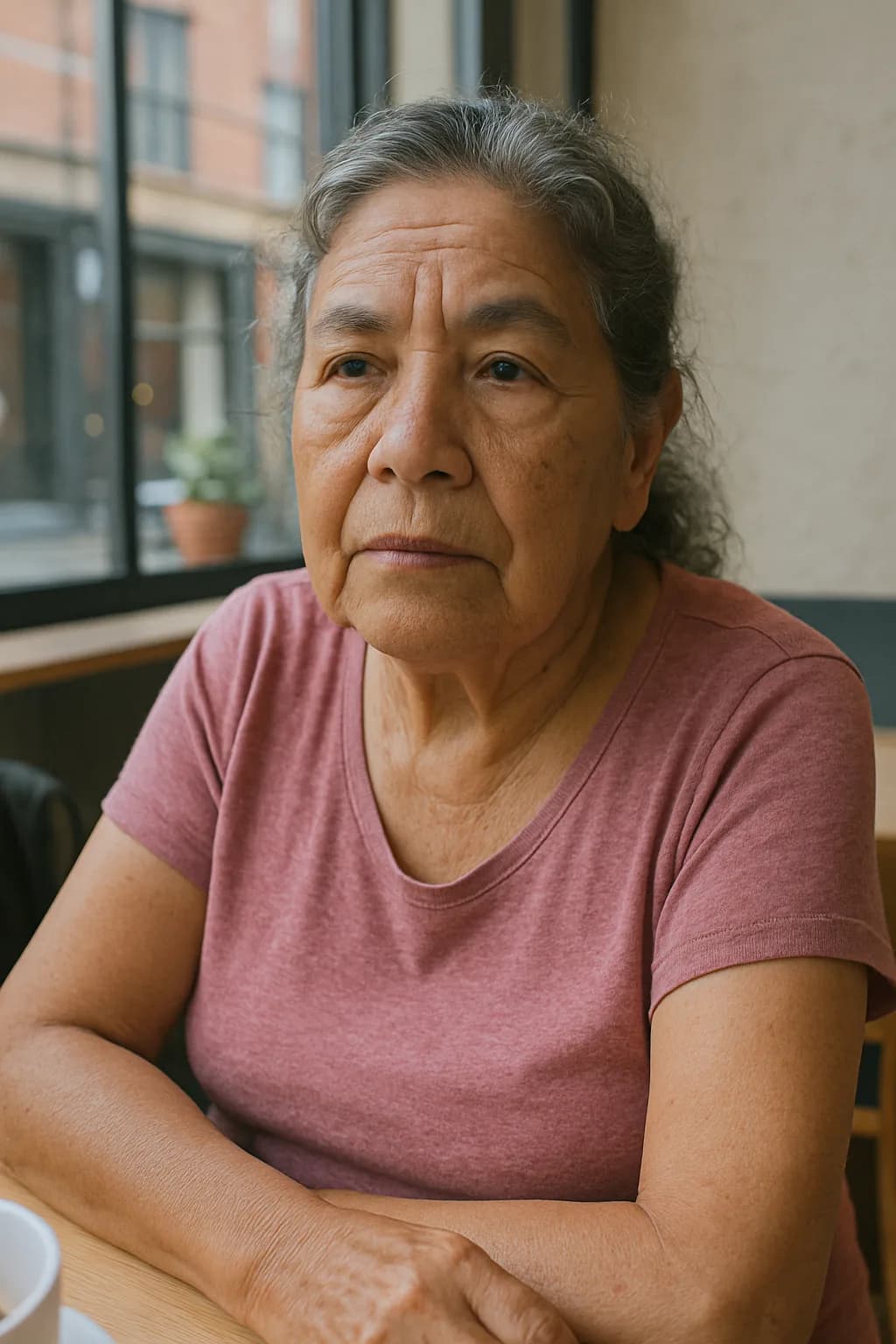 Photo of a silver-haired woman seated by a cafe window — the photo a customer uploaded.