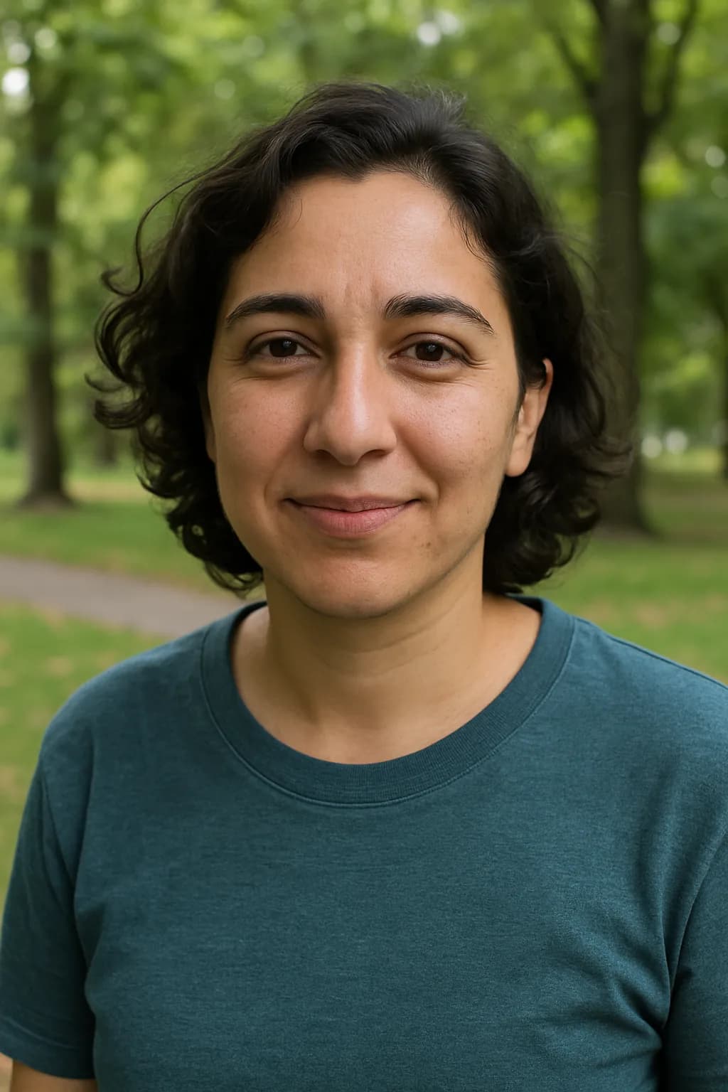 Photo of a curly-haired woman smiling in a park — the photo a customer uploaded.