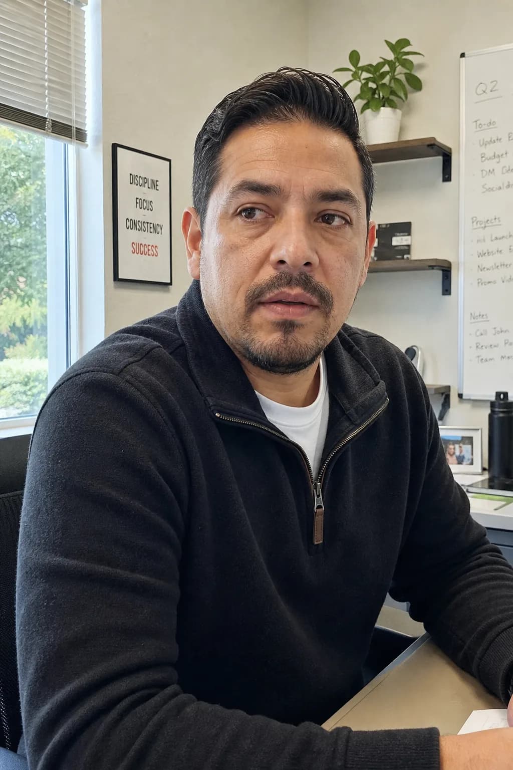 Selfie of a man with short dark hair and a goatee in a black quarter-zip, seated at an office desk — the photo a customer uploaded.