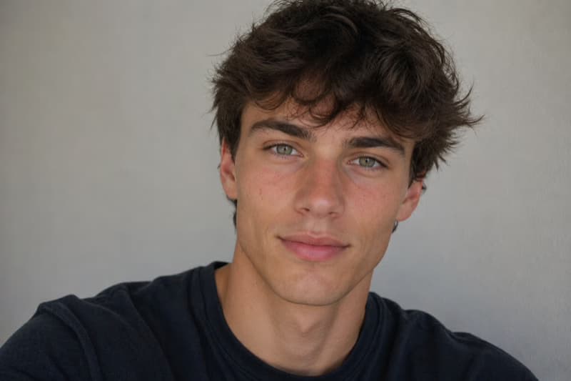Selfie of a young man with messy dark hair, light eyes, and a faint smile, against a plain wall — the photo a customer uploaded.