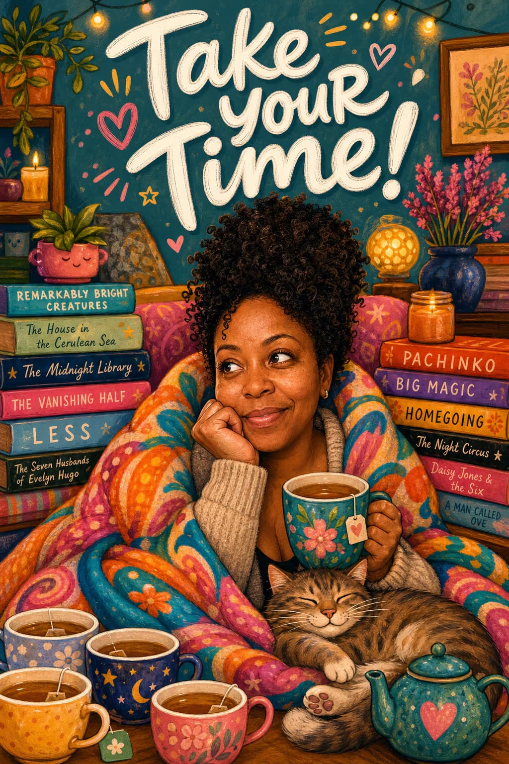 Illustrated card of the same woman wrapped in a colorful blanket, surrounded by books and tea, with a cat by her side, in a cozy room. Caption: Take Your Time!