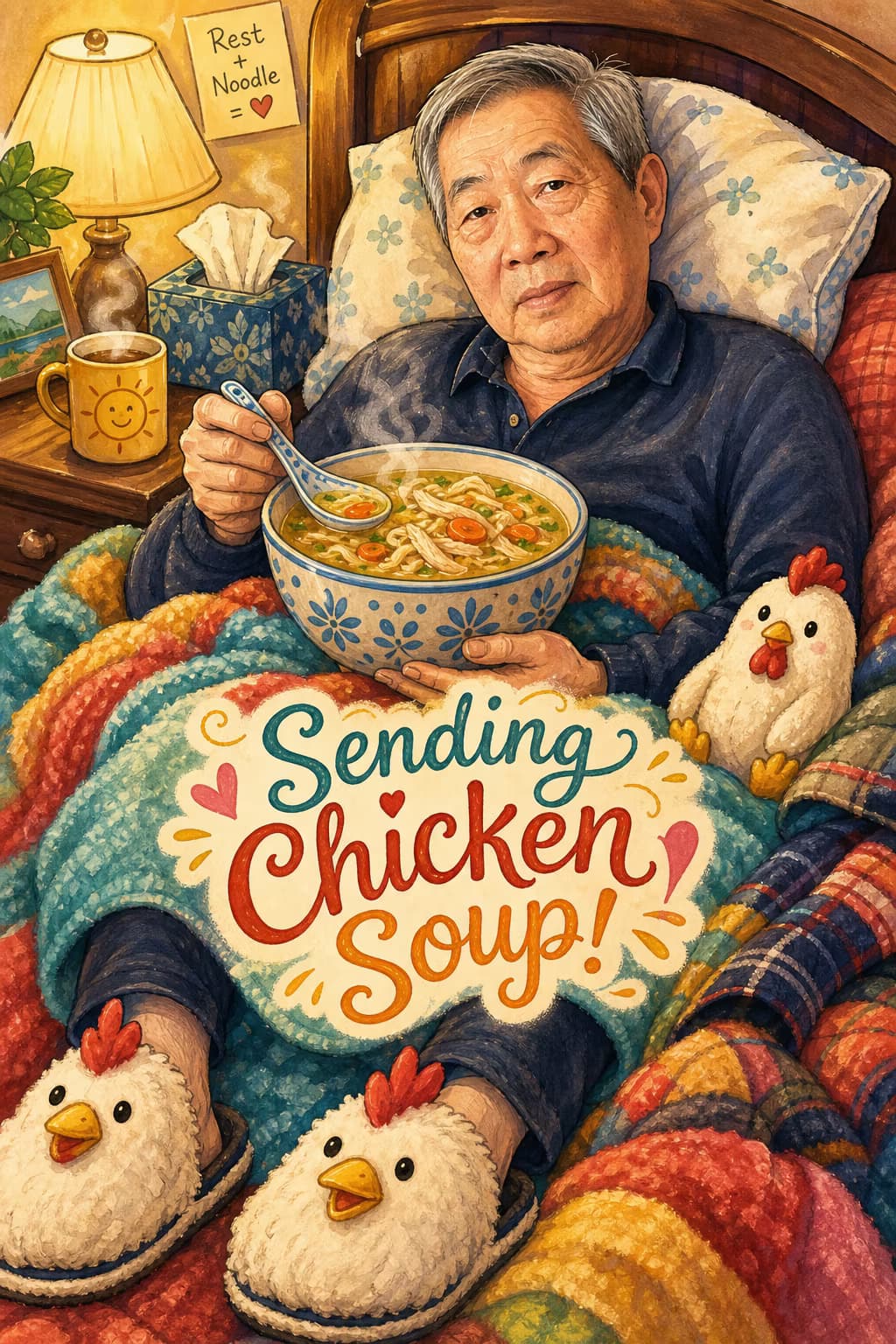 Illustrated card of the same older man in bed, holding a bowl of noodle soup, surrounded by cozy blankets and wearing chicken slippers. A cup of tea and a tissue box are on a bedside table. Caption: Sending Chicken Soup!
