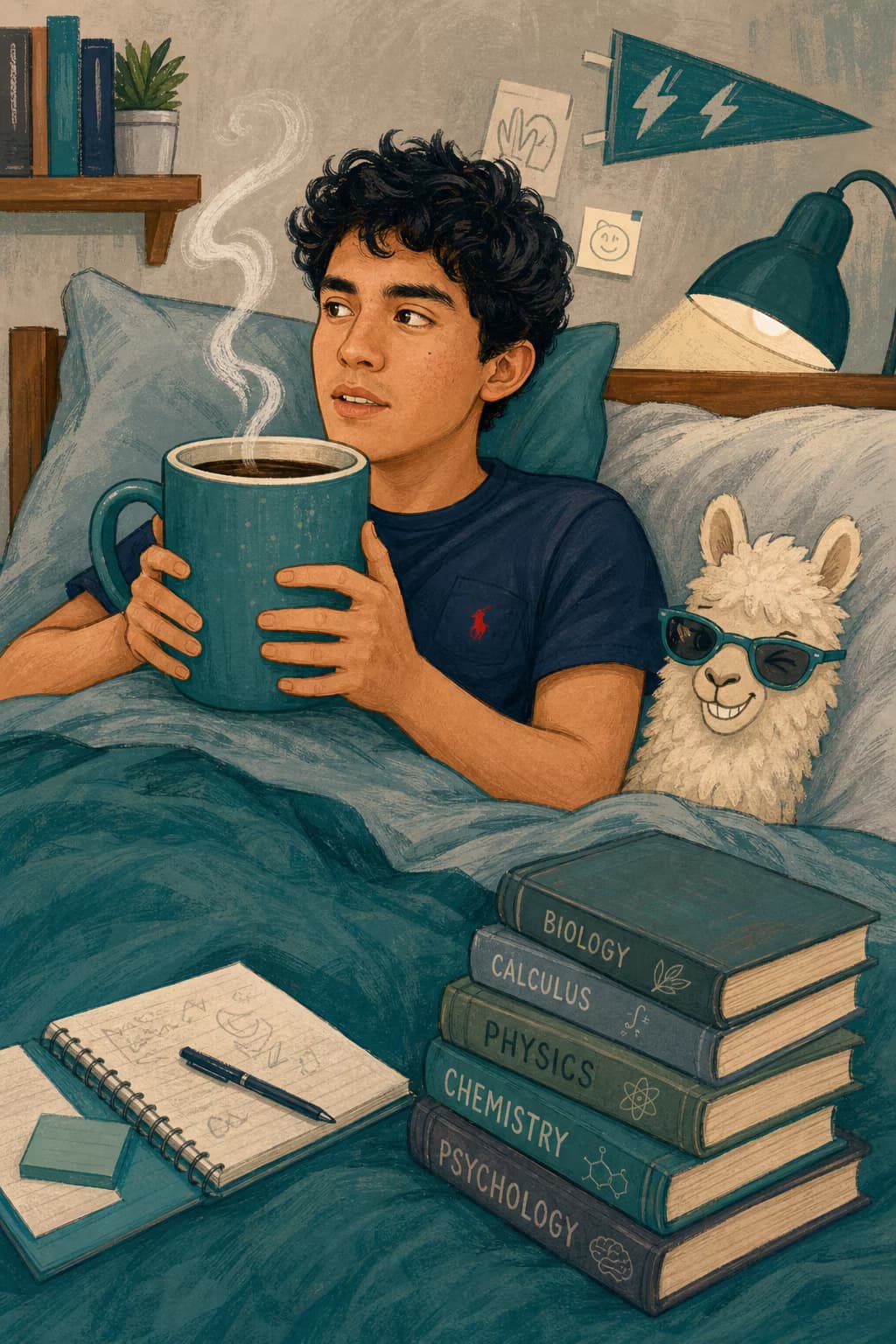 Illustrated card of the same young man in bed holding a giant mug, with a friendly llama wearing sunglasses beside him and a stack of books. Caption: Get Well Soon, Mateo!