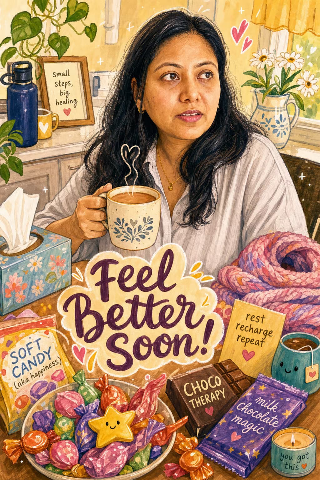 Illustrated card of the same woman holding a mug in a cozy, plant-filled room with comforting items like candy and a teapot. Caption: Feel Better Soon!